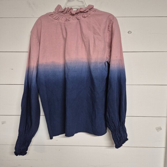 ErgoLUX Pink & Navy Long Sleeve Top W/ Ruffle Neckline & Smocked Cuffs XL - Picture 4 of 6